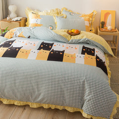 4pcs Home Textiles Cat Kitty Duvet Cover Pillow Case Bed Sheet Boy Kid Teen Girl Bedding Linens Sanding Set King Queen Twin